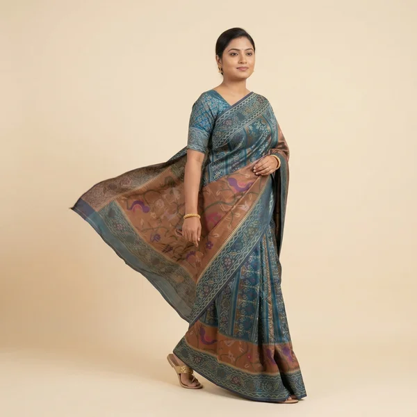 Teal Blue Saree with Brown Pallu & Traditional Artistic Motifs - Image 2