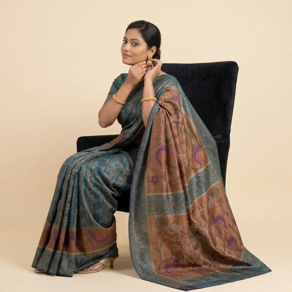 Teal Blue Saree with Brown Pallu & Traditional Artistic Motifs - Image 3
