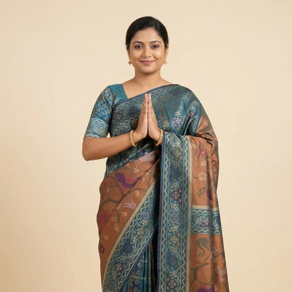 Teal Blue Saree with Brown Pallu & Traditional Artistic Motifs - Image 1