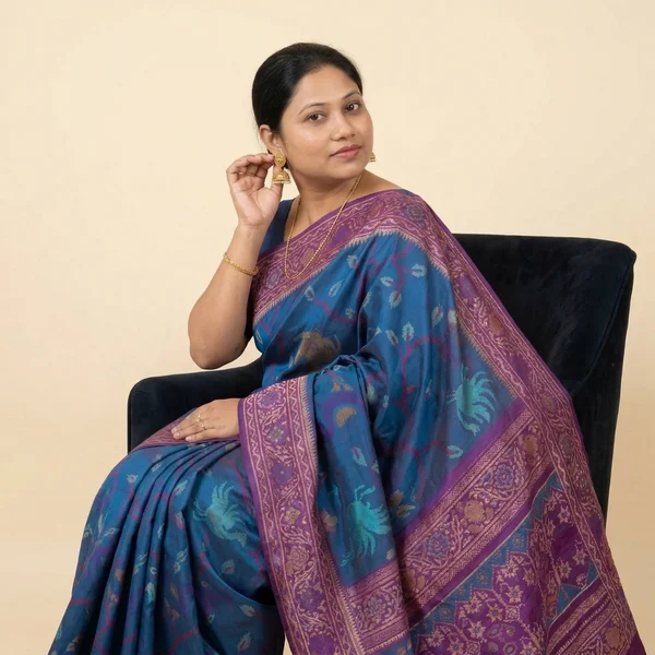 Teal Blue Saree with Elephant Motifs & Purple Woven Border - Image 3