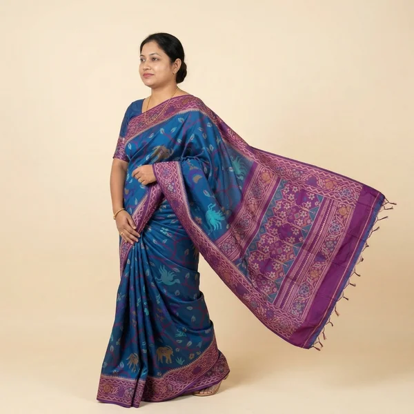 Teal Blue Saree with Elephant Motifs & Purple Woven Border - Image 2