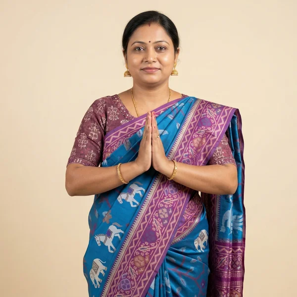 Teal Blue Saree with Elephant Motifs & Purple Woven Border - Image 1