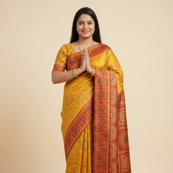 Mustard Yellow Saree with Red Traditional Printed Border - Image 1