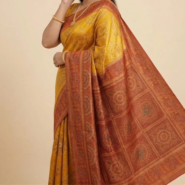 Mustard Yellow Saree with Red Traditional Printed Border - Image 3