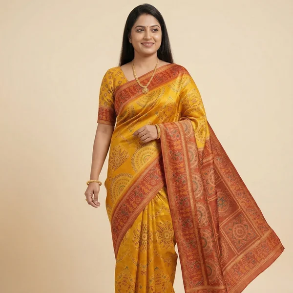 Mustard Yellow Saree with Red Traditional Printed Border - Image 2