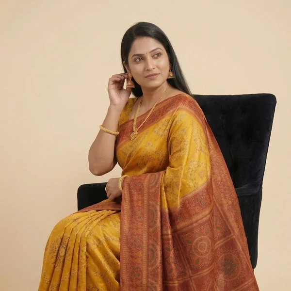 Mustard Yellow Saree with Red Traditional Printed Border - Image 4
