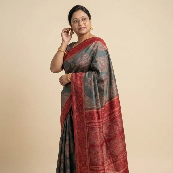 Grey Saree with Red Traditional Border & Ethnic Motifs - Image 4