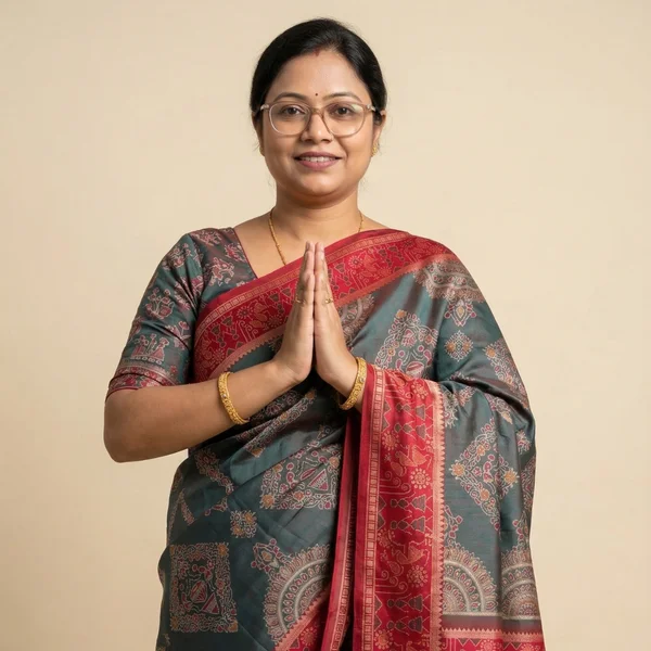Grey Saree with Red Traditional Border & Ethnic Motifs - Image 1