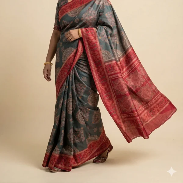 Grey Saree with Red Traditional Border & Ethnic Motifs - Image 2