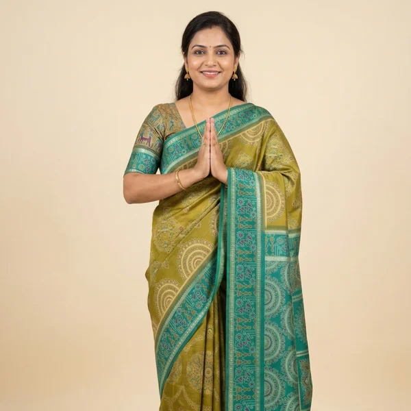 Olive Green Saree with Teal Border & Mandala Motifs - Image 1