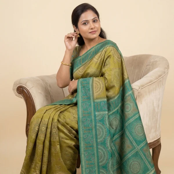 Olive Green Saree with Teal Border & Mandala Motifs - Image 3