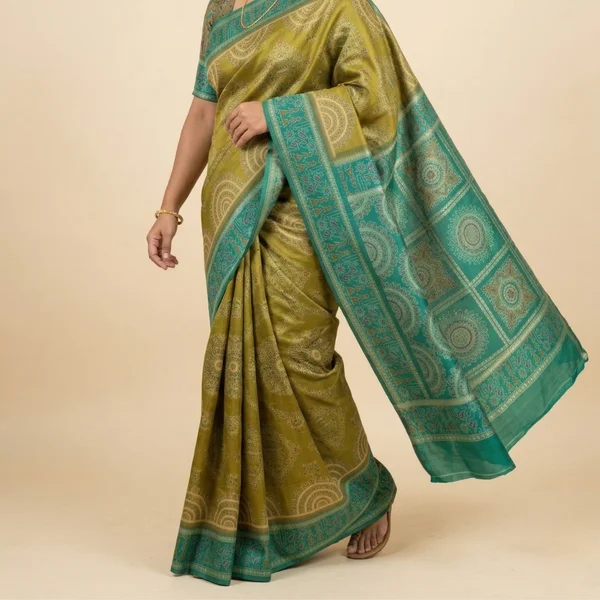 Olive Green Saree with Teal Border & Mandala Motifs - Image 2