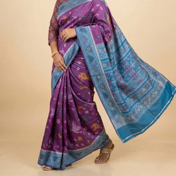 Purple Saree with Blue Border & Artistic Motifs - Image 2