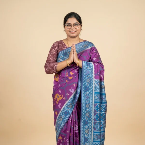 Purple Saree with Blue Border & Artistic Motifs - Image 1