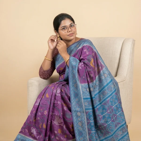 Purple Saree with Blue Border & Artistic Motifs - Image 3