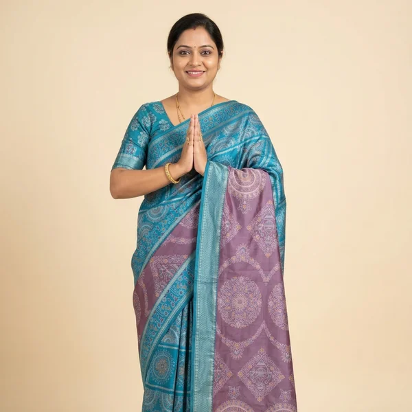 Teal Blue Saree with Lavender Pallu & Mandala Design - Image 1