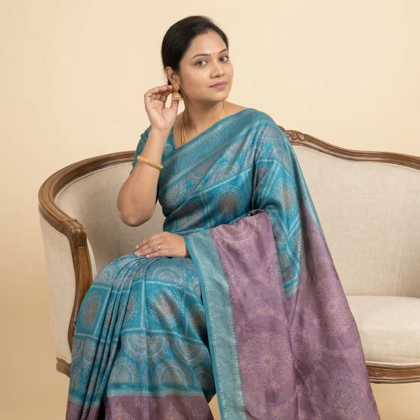 Teal Blue Saree with Lavender Pallu & Mandala Design - Image 3