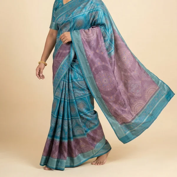 Teal Blue Saree with Lavender Pallu & Mandala Design - Image 2