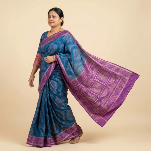 Teal Blue Saree with Magenta Border & Traditional Motifs - Image 2