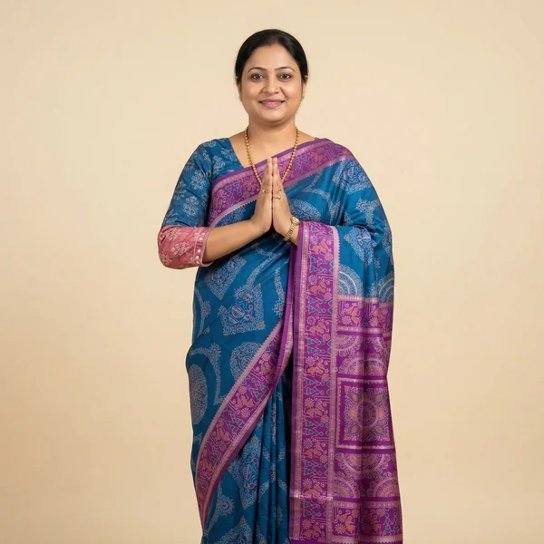 Teal Blue Saree with Magenta Border & Traditional Motifs - Image 1