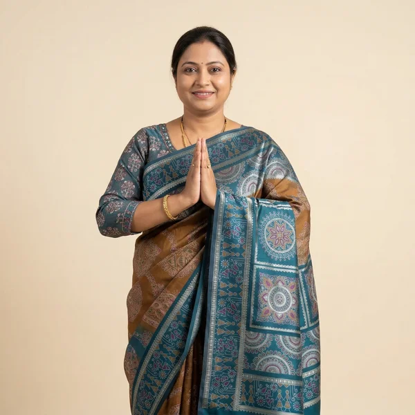 Teal & Brown Saree with Mandala Panel Design - Image 1