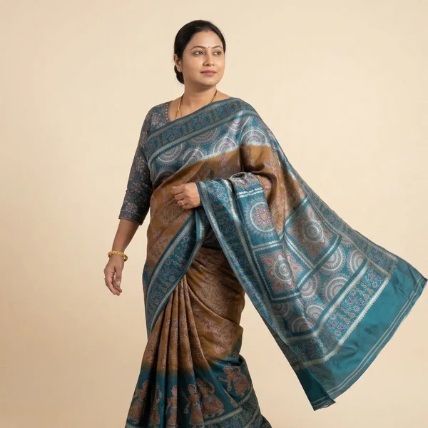 Teal & Brown Saree with Mandala Panel Design - Image 2