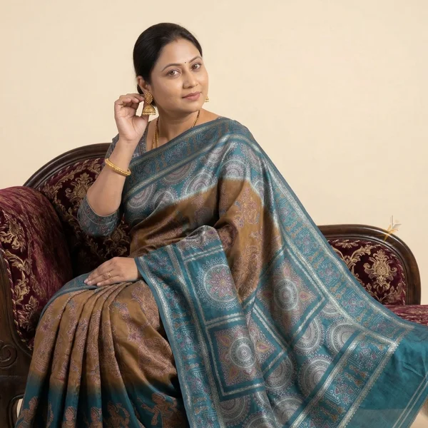 Teal & Brown Saree with Mandala Panel Design - Image 3