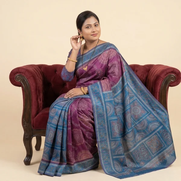 Magenta Saree with Teal Blue Pallu & Traditional Motifs - Image 3