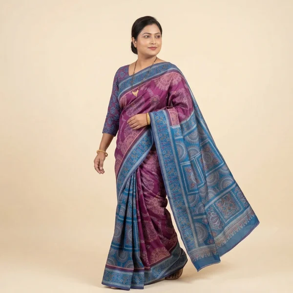 Magenta Saree with Teal Blue Pallu & Traditional Motifs - Image 2