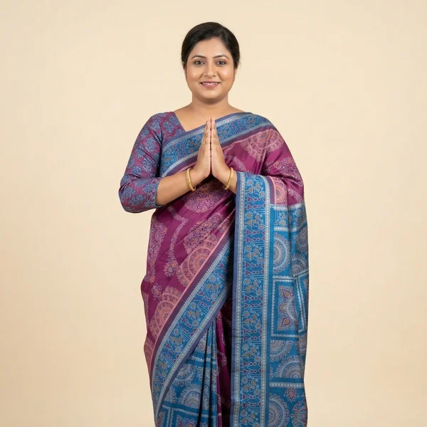 Magenta Saree with Teal Blue Pallu & Traditional Motifs - Image 1